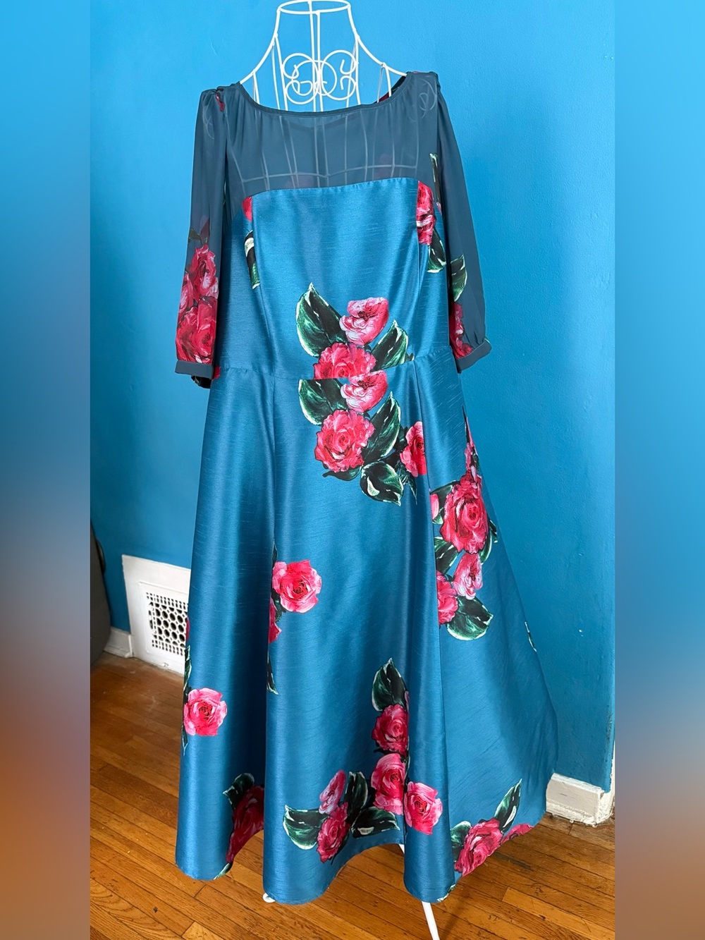 Teal Floral Rose Chiffon Satin Formal Maxi Gown